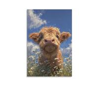 DFENILROP Wall Art, Animal Poster, Cute Highland Calf Amid Daisies Under Blue Sky, Perfect For Home Decor - High-Resolution Canvas Print, Gift 08x12inch(20x30cm)