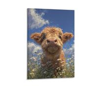 DFENILROP Wall Art, Animal Poster, Cute Highland Calf Amid Daisies Under Blue Sky, Perfect For Home Decor - High-End Canvas Print, Gift 20x30inch(50x75cm)