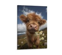 DFENILROP Wall Art, Animal Poster, Cute Highland Calf Holding Daisies In Meadow, Perfect For Home Decor - High-Resolution Canvas Print, Gift 08x12inch(20x30cm)