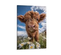 DFENILROP Wall Art, Animal Poster, Cute Highland Calf With Daisies Under Blue Sky, Perfect For Home Decor - High-End Canvas Print, Gift 08x12inch(20x30cm)