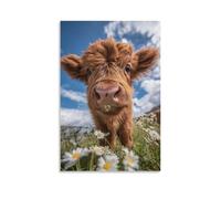 DFENILROP Wall Art, Animal Poster, Cute Highland Calf With Daisies Under Blue Sky, Perfect For Home Decor - Premium Canvas Print, Gift 16x24inch(40x60cm)