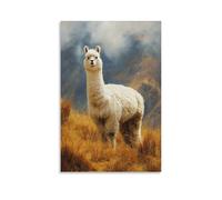 DFENILROP Wall Art, Animal Poster, White Alpaca Standing in Mountain Meadow, Perfect for Home Decor - High-Resolution Canvas Print, Gift 16x24inch(40x60cm)