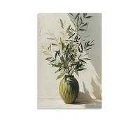 DFENILROP Wall Art, Plants Poster, Olive Branches In Striped Vase, Natural Light Still Life For Home Decor - High-End Canvas Print, Gift 16x24inch(40x60cm)