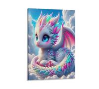DFENILROP White Baby Dragon Wall Painting, Cute Pastel Poster Artwork on Hallway | Giclée Picture Canvas Printing, Beautiful Home Decor for Living Room Bathroom, Gift 16x24inch(40x60cm)