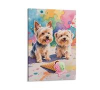 DFENILROP Yorkie And Ice Cream Wall Painting, Cute Dogs Poster Artwork on Hallway | Giclée Picture Canvas Printing, Special Home Decor for Living Room Bathroom, Gift 16x24inch(40x60cm)