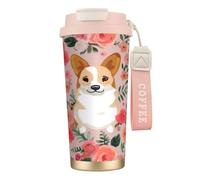 DFEPFKGOKL Corgi Floral Flowers Print Coffee Cup Travel Mug 500ml, Double-Wall 316 Stainless Steel, Portable Insulated Tumbler with Leak-Proof Lid and Straw, Reusable Thermal Mug for Hot and Cold