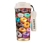 DFEPFKGOKL Donut Print Coffee Cup Travel Mug 500ml, Double-Wall 316 Stainless Steel, Portable Insulated Tumbler with Leak-Proof Lid and Straw, Reusable Thermal Mug for Hot and Cold