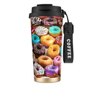 DFEPFKGOKL Donut Print Coffee Cup Travel Mug 500ml, Double-Wall 316 Stainless Steel, Portable Insulated Tumbler with Leak-Proof Lid and Straw, Reusable Thermal Mug for Hot and Cold