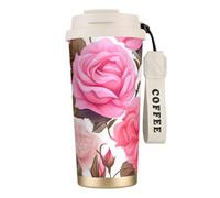 DFEPFKGOKL Floral Flower Rose Pink Print Coffee Cup Travel Mug 500ml, Double-Wall 316 Stainless Steel, Portable Insulated Tumbler with Leak-Proof Lid and Straw, Reusable Thermal Mug for Hot and Cold