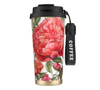DFEPFKGOKL Garden Peony Print Coffee Cup Travel Mug 500ml, Double-Wall 316 Stainless Steel, Portable Insulated Tumbler with Leak-Proof Lid and Straw, Reusable Thermal Mug for Hot and Cold
