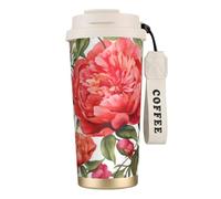 DFEPFKGOKL Garden Peony Print Coffee Cup Travel Mug 500ml, Double-Wall 316 Stainless Steel, Portable Insulated Tumbler with Leak-Proof Lid and Straw, Reusable Thermal Mug for Hot and Cold