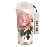 DFEPFKGOKL Peony Print Coffee Cup Travel Mug 500ml, Double-Wall 316 Stainless Steel, Portable Insulated Tumbler with Leak-Proof Lid and Straw, Reusable Thermal Mug for Hot and Cold