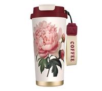 DFEPFKGOKL Peony Print Coffee Cup Travel Mug 500ml, Double-Wall 316 Stainless Steel, Portable Insulated Tumbler with Leak-Proof Lid and Straw, Reusable Thermal Mug for Hot and Cold