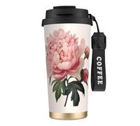 DFEPFKGOKL Peony Print Coffee Cup Travel Mug 500ml, Double-Wall 316 Stainless Steel, Portable Insulated Tumbler with Leak-Proof Lid and Straw, Reusable Thermal Mug for Hot and Cold
