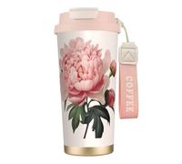 DFEPFKGOKL Peony Print Coffee Cup Travel Mug 500ml, Double-Wall 316 Stainless Steel, Portable Insulated Tumbler with Leak-Proof Lid and Straw, Reusable Thermal Mug for Hot and Cold