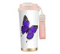 DFEPFKGOKL Purple Butterflies Print Coffee Cup Travel Mug 500ml, Double-Wall 316 Stainless Steel, Portable Insulated Tumbler with Leak-Proof Lid and Straw, Reusable Thermal Mug for Hot and Cold