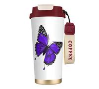 DFEPFKGOKL Purple Butterflies Print Coffee Cup Travel Mug 500ml, Double-Wall 316 Stainless Steel, Portable Insulated Tumbler with Leak-Proof Lid and Straw, Reusable Thermal Mug for Hot and Cold