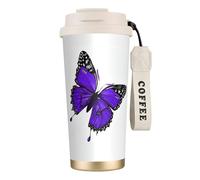 DFEPFKGOKL Purple Butterflies Print Coffee Cup Travel Mug 500ml, Double-Wall 316 Stainless Steel, Portable Insulated Tumbler with Leak-Proof Lid and Straw, Reusable Thermal Mug for Hot and Cold