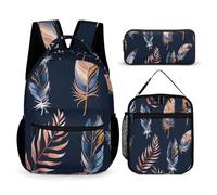 DFEPPJHG Feathers And Leaves 3 Pcs Backpack Set Travel Bag Laptop Backpack with Lunch Bag Pencil Bag Casual Daypack, Feathers and Leaves, One Size, Travel Backpacks