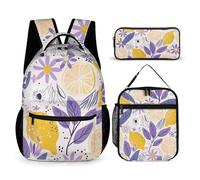 DFEPPJHG Lemon And Purple Flowers 3 Pcs Backpack Set Travel Bag Laptop Backpack with Lunch Bag Pencil Bag Casual Daypack, Lemon and Purple Flowers, One Size, Travel Backpacks