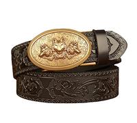 DFGGE Men's Leather Ratchet Belt, Embossed Floral Leaf Vintage Soft Cowhide Full Grain Thick Casual Jean Belt with Gold Wild Wolf Fox Three Head Automatic Buckle,Black,110cm/waist:36"~38"