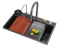 DFGHNBVC 304 Stainless Steel Waterfall Kitchen Sink Set With Pull-Out Faucet Pressurized Cup Washer Chopping Board Drain 75X45X22Cm - Modern Domestic Design,3447 68X45X22Cm