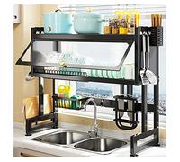 DFGHNBVC Adjustable 2-Tier Over-Sink Dish Drying Rack With Hooks - Space-Saving Kitchen Shelf Organizer - Black, 65X30X80Cm, Perfect For Small Kitchens And Countertop Storage,5163