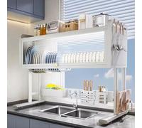 DFGHNBVC Dish Drain Rack With Hanging Basket Cutlery Dish Drain Rack,Over The Sink Dish Drying Rack With Large Capacity And Stable Suction Cups Space Saving Nizer For Kitchen Cabinets,Bianco-95Cm/36