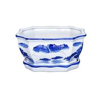 DFGHNBVC Rectangular Corrugated Corner Blue And White Porcelain Flowerpot With Tray Indoor Balcony Green Plant Fleshy Banyan Tree Argonauts Bonsai Flowerpot Ceramic,18.5cm