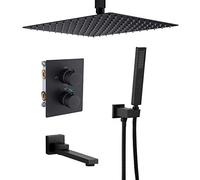 DFGHNBVC Thermostatic Shower Combo Set Ceiling Mounted Black Bathroom Shower Faucet Set With Stainless Steel Shower Head, Handheld Shower, Bathtub Faucet, Embedded Box,12 Inches,12 Inches