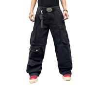 DFGIGT Mens Goth Baggy Cargo Jeans with Pockets Steampunk Patchwork Embroidery Wide Leg Denim Pants, C10 Black, Medium