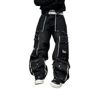 DFGIGT Mens Goth Baggy Cargo Jeans with Pockets Steampunk Patchwork Embroidery Wide Leg Denim Pants, E10 Black, Small