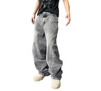DFGIGT Men's Irregular Sutures Y2k Hip Hop Baggy Jeans Wide Leg Denim Pants Casual Loose Fit Trousers Streetwear, B10 Grey, X-Small