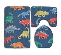 DFHome Cartoon Dinosaur 3 Piece Soft Bathroom Rugs Set Dries Quickly Anti Mite Bath Shower Mat U-shaped Lid Toilet Floor