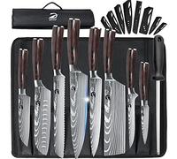 Dfito Chef Knife Sets with Roll Bag, 9 Pieces Professional Knife Set, High Carbon Stainless Steel Kitchen Chef Knife Set, Red Pakkawood Handle, Dishwasher Safe