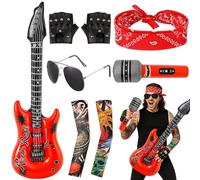 Dfiupdn 7 Piece Rock Star Costume Set, Halloween Party Accessories | with Inflatable Guitar and Microphone, Rockstar Fancy Dress for Adult Gloves, Bandana and More