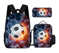 dfjdhegj 3Pcs Cartoon Backpack, Lightweight Daypack Set Lunch Box Pencil Bag for Teenagers Boys And Girls Travel (Burning Football)