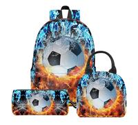 dfjdhegj 3PCS Soccer Backpack Set for Boys, Large Lightweight 17 Inch Backpack Lunch Bag & Pencil Case for Kids, Back to School Cool Sports Bookbag for Elementary Middle School - Fire