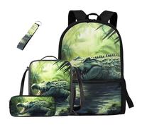 dfjdhegj Crocodile Bookbag and Lunch Box for Kids Green Boys Backpack 10-12 Years Old 4 Pcs School Bag Set Pencil Case for Elementary Middle Casual Daypack for Outdoor