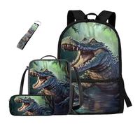 dfjdhegj Crocodile Bookbag and Lunch Box for Kids Green Boys Backpack 10-12 Years Old 4 Pcs School Bag Set Pencil Case for Elementary Middle Casual Daypack for Outdoor