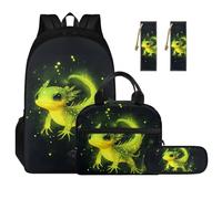 dfjdhegj Elementary Backpack and Lunch Bag Set for Boys Green Axolotl Backpack Side Pockets for Water Bottles Girls Cartoon Animal Print Pencil Case & Bookmark 4 PCS School Supplies