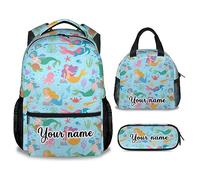 dfjdhegj Personalized Mermaid Backpack Lunch Box Set for Girls, 3 in 1 School Backpacks Matching Combo, Cartoon Pink Bookbag and Pencil Case Bundle
