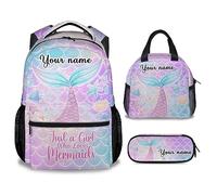 dfjdhegj Personalized Mermaid Backpack Lunch Box Set for Girls, 3 in 1 School Backpacks Matching Combo, Cartoon Pink Bookbag and Pencil Case Bundle