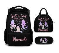 dfjdhegj Personalized Mermaid Backpack Lunch Box Set for Girls, 3 in 1 School Backpacks Matching Combo, Cartoon Pink Bookbag and Pencil Case Bundle