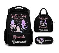 dfjdhegj Personalized Mermaid Backpack Lunch Box Set for Girls, 3 in 1 School Backpacks Matching Combo, Cartoon Pink Bookbag and Pencil Case Bundle