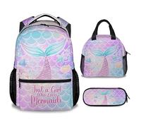 dfjdhegj Personalized Mermaid Backpack Lunch Box Set for Girls, 3 in 1 School Backpacks Matching Combo, Cartoon Pink Bookbag and Pencil Case Bundle