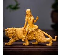DFJLWKE Tiger carrying a girl Wooden statues-Solid Wood Animal and Human figurine statue - Hand Carved Boxwood Ornament Gift with Brocade boxfor Home, Office,Car 5.9x1.7x3.9Inch