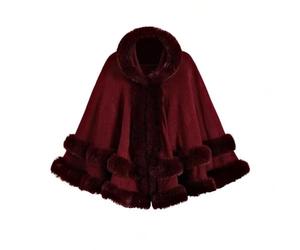 DFJOENVLDKHFE Cape Coat for Women Shawls and Wraps Evening Dresses Faux Fur Collar Cloak Pashmina Ruffle Hem Jackets(Wine red)