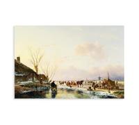 DFJyjFGJJ Andreas Schelfhout,Skaters by A Booth on A Frozen River Canvas Poster Bedroom Sports Landscape Office Room Decor Gift 12x18inch(30x45cm)