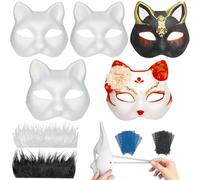 DFLU 17Pcs in 1 Cat Therian Mask Kit with Fur and Eye Mesh, Blank DIY Therian Gear Stuff Masks Base to Paint, Animal Half Paper Fox Cat Face Masquerade Mask Costume for Halloween Cosplay Parties